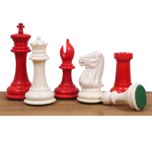 1849 Jacques Cook Camel Bone Chess Set – Chess Pieces Only- Crimson & White – 3.5″ King