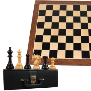 Combo of 4.6″ Prestige Luxury Staunton Ebony Chess Pieces with 23″ Large Ebony & Maple Wood Chessboard and Storage Box